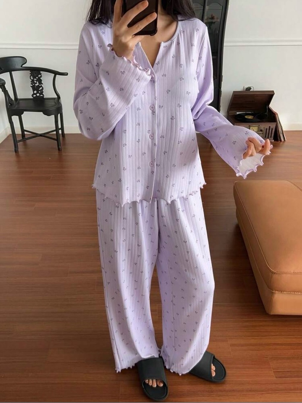 DAZY Lavender Bow Print Ribbed Pajama Sleep Top XL